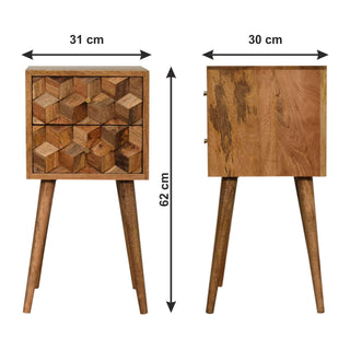 Mango Wood Narrow Cube Carved Bedside Table with 2 Drawers, Oak Finish