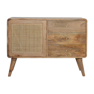 Mango Wood Woven Sideboard with 3 Drawers and 1 Cabinet, Oak Finish