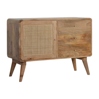 Mango Wood Woven Sideboard with 3 Drawers and 1 Cabinet, Oak Finish