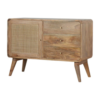Mango Wood Woven Sideboard with 3 Drawers and 1 Cabinet, Oak Finish