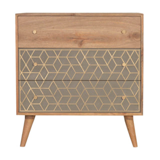Mango Wood Dice 3-Drawer Chest with Brass Inlay and Cement Accents, Oak Finish