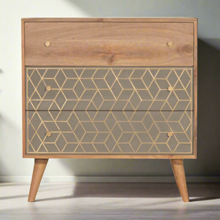 Mango Wood Dice 3-Drawer Chest with Brass Inlay and Cement Accents, Oak Finish