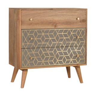 Mango Wood Dice 3-Drawer Chest with Brass Inlay and Cement Accents, Oak Finish