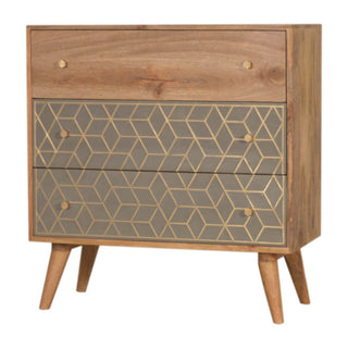 Mango Wood Dice 3-Drawer Chest with Brass Inlay and Cement Accents, Oak Finish