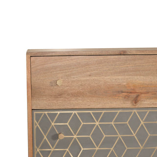 Mango Wood Dice 3-Drawer Chest with Brass Inlay and Cement Accents, Oak Finish