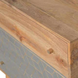 Mango Wood Dice 3-Drawer Chest with Brass Inlay and Cement Accents, Oak Finish