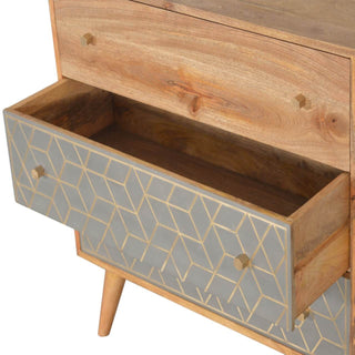 Mango Wood Dice 3-Drawer Chest with Brass Inlay and Cement Accents, Oak Finish