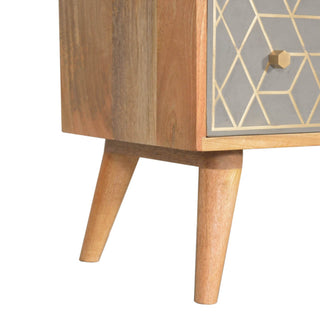 Mango Wood Dice 3-Drawer Chest with Brass Inlay and Cement Accents, Oak Finish