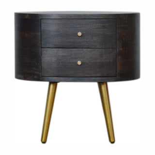Mango Wood Round Bedside Table with Brass Legs, Ash Black Finish