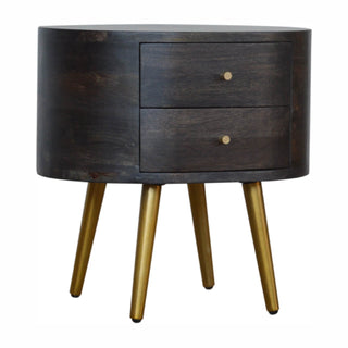 Mango Wood Round Bedside Table with Brass Legs, Ash Black Finish