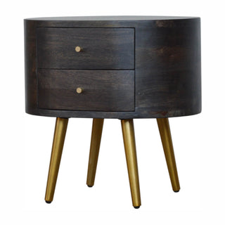 Mango Wood Round Bedside Table with Brass Legs, Ash Black Finish