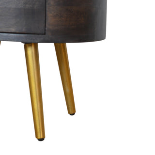 Mango Wood Round Bedside Table with Brass Legs, Ash Black Finish
