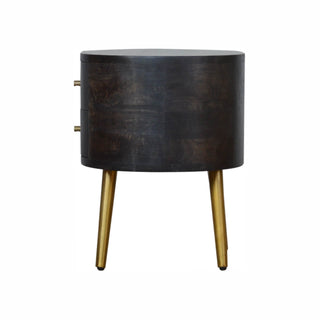 Mango Wood Round Bedside Table with Brass Legs, Ash Black Finish
