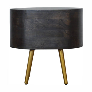Mango Wood Round Bedside Table with Brass Legs, Ash Black Finish