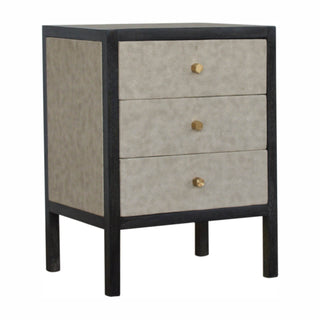 Wooden Bedside Table with Faux Leather and 3 Drawers, Ash Black Finish