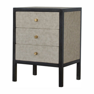 Wooden Bedside Table with Faux Leather and 3 Drawers, Ash Black Finish