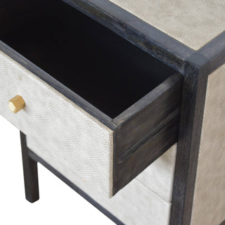 Wooden Bedside Table with Faux Leather and 3 Drawers, Ash Black Finish