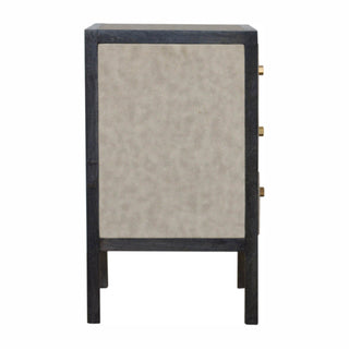 Wooden Bedside Table with Faux Leather and 3 Drawers, Ash Black Finish