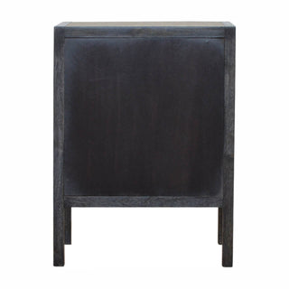 Wooden Bedside Table with Faux Leather and 3 Drawers, Ash Black Finish