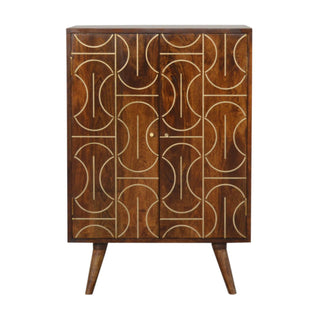 Mango Wood Cabinet with Abstract Brass Inlay - Chestnut Finish