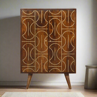 Mango Wood Cabinet with Abstract Brass Inlay - Chestnut Finish