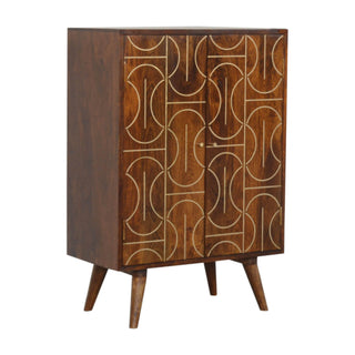 Mango Wood Cabinet with Abstract Brass Inlay - Chestnut Finish