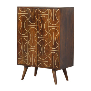 Mango Wood Cabinet with Abstract Brass Inlay - Chestnut Finish