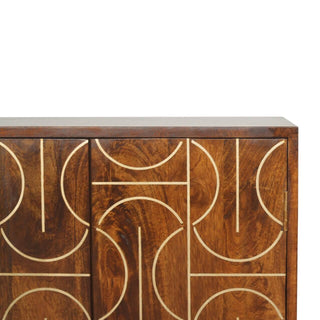 Mango Wood Cabinet with Abstract Brass Inlay - Chestnut Finish