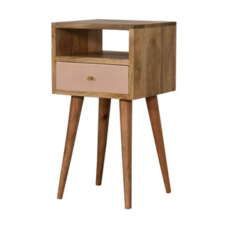 Narrow Bedside Table - Blush Pink Drawer, Mango Wood