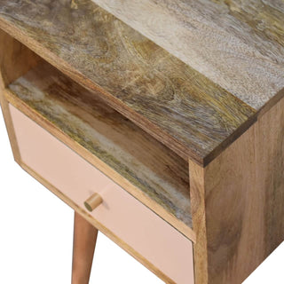 Narrow Bedside Table - Blush Pink Drawer, Mango Wood