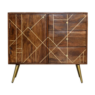 Mango Wood Sideboard with 3 Drawers and 1 Cabinet, Chestnut Finish with Brass Inlay