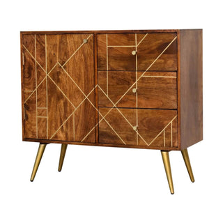 Mango Wood Sideboard with 3 Drawers and 1 Cabinet, Chestnut Finish with Brass Inlay