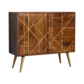 Mango Wood Sideboard with 3 Drawers and 1 Cabinet, Chestnut Finish with Brass Inlay