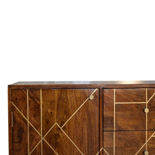 Mango Wood Sideboard with 3 Drawers and 1 Cabinet, Chestnut Finish with Brass Inlay