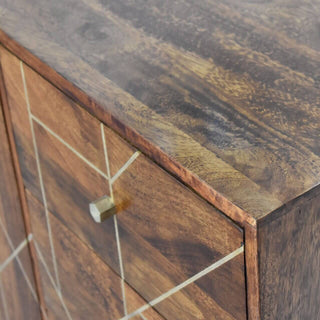 Mango Wood Sideboard with 3 Drawers and 1 Cabinet, Chestnut Finish with Brass Inlay