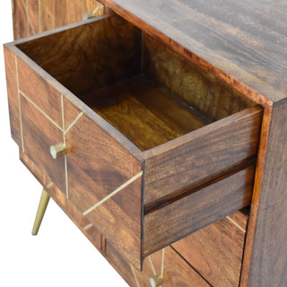 Mango Wood Sideboard with 3 Drawers and 1 Cabinet, Chestnut Finish with Brass Inlay
