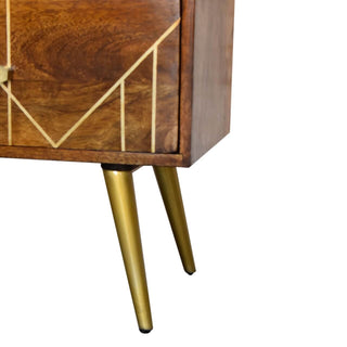 Mango Wood Sideboard with 3 Drawers and 1 Cabinet, Chestnut Finish with Brass Inlay