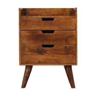 Mango Wood Nordic Bedside Table with 3 Drawers, Chestnut Finish