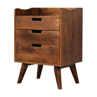 Mango Wood Nordic Bedside Table with 3 Drawers, Chestnut Finish