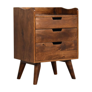 Mango Wood Nordic Bedside Table with 3 Drawers, Chestnut Finish