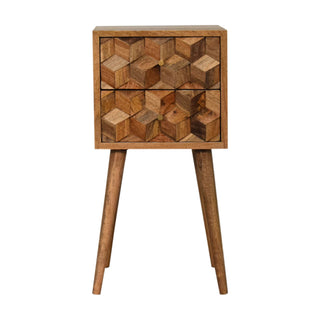 Mango Wood Narrow Cube Carved Bedside Table with 2 Drawers, Oak Finish
