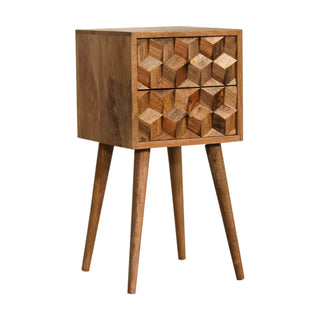 Mango Wood Narrow Cube Carved Bedside Table with 2 Drawers, Oak Finish