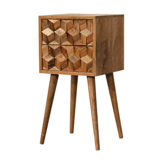 Mango Wood Narrow Cube Carved Bedside Table with 2 Drawers, Oak Finish