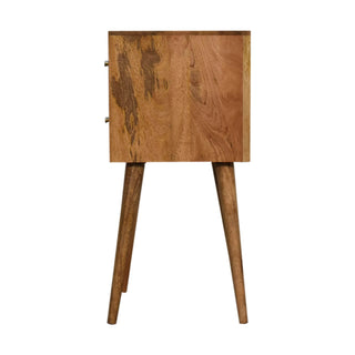 Mango Wood Narrow Cube Carved Bedside Table with 2 Drawers, Oak Finish