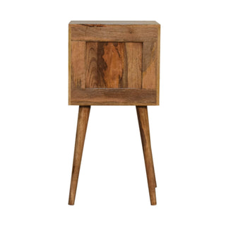 Mango Wood Narrow Cube Carved Bedside Table with 2 Drawers, Oak Finish