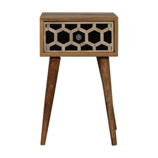 Mango Wood Narrow Bedside Table with Bone Inlay Drawer, Oak Finish