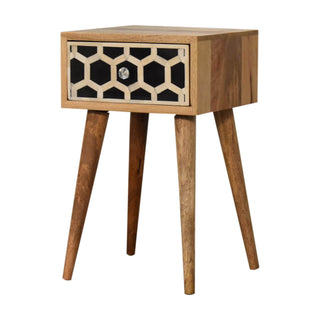 Mango Wood Narrow Bedside Table with Bone Inlay Drawer, Oak Finish