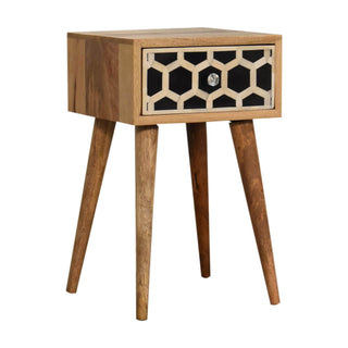 Mango Wood Narrow Bedside Table with Bone Inlay Drawer, Oak Finish