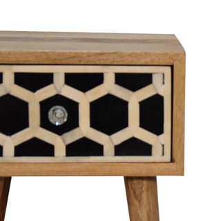 Mango Wood Narrow Bedside Table with Bone Inlay Drawer, Oak Finish