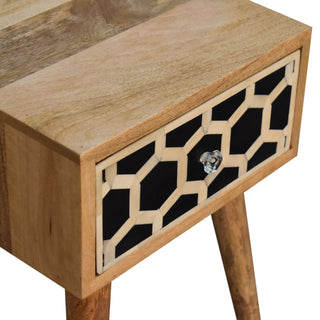 Mango Wood Narrow Bedside Table with Bone Inlay Drawer, Oak Finish